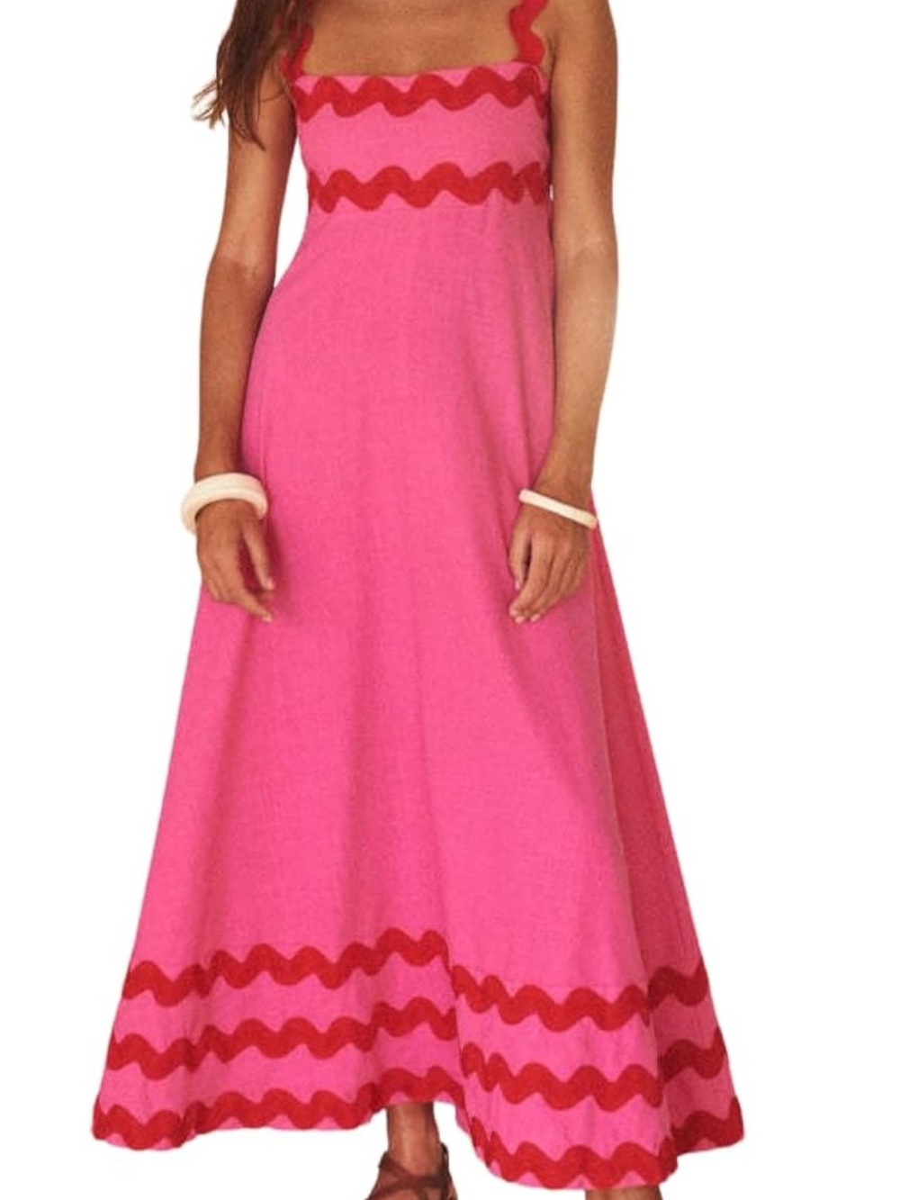 Women’s Pink Maxi Dress with Red Trim Rickrack Beach